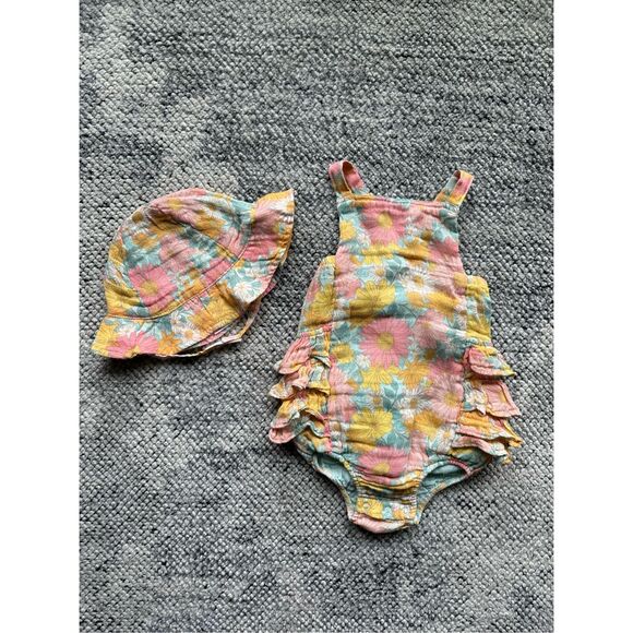 Angel Dear Floral Ruffle Muslin Sunsuit Romper and Sun Hat 18-24 Months Baby Gir - Picture 1 of 5